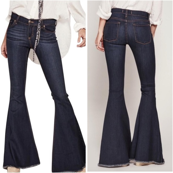 Free People Denim - Free People Indigo Super Flare Raw Hem Jeans